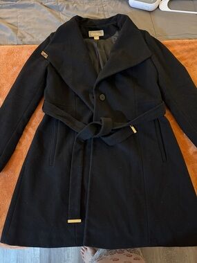 Michael Kors Black Wool Belted Pea Coat with Gold Accents